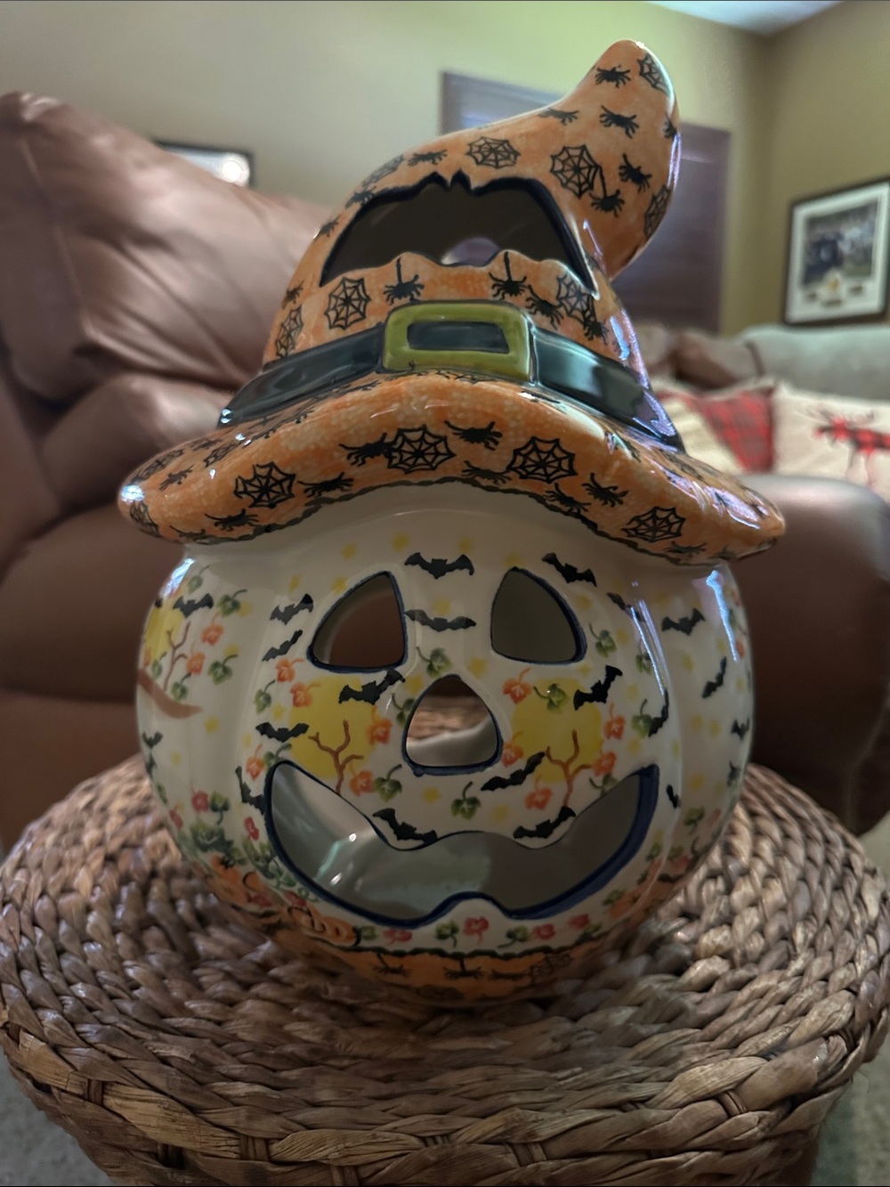 Una Alla Volta Polish Ceramic Halloween Pumpkin Lantern in Orange and White
